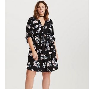 Black Floral Zip Challis Shirt Dress